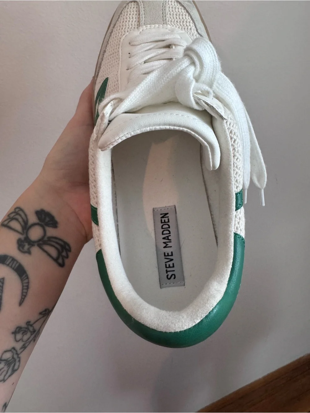 Steve Madden White Mesh Sneakers with Green Accent and Gum Sole